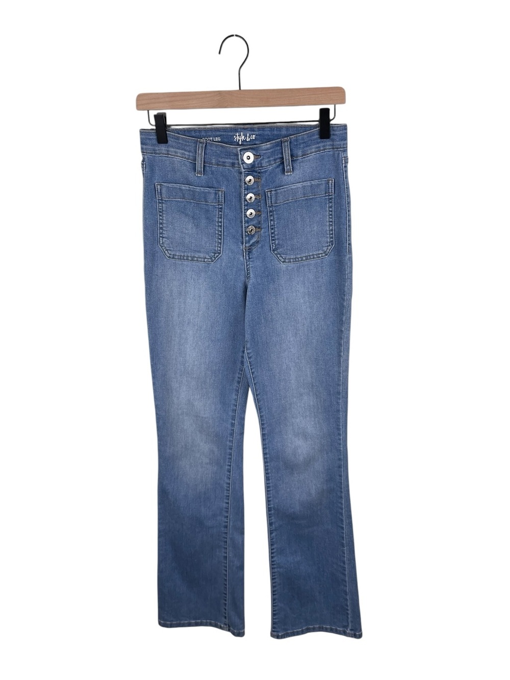 Style & Co Women's High Rise Boot Leg Jeans Size 4 Button Fly Patch Pocket Retro